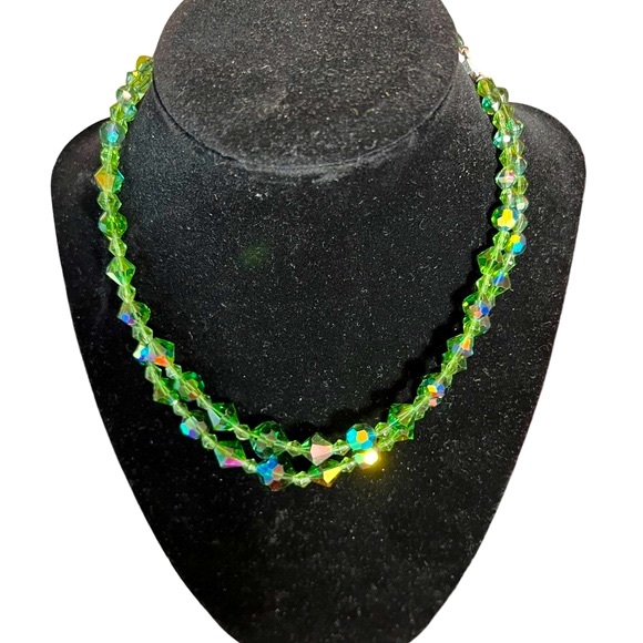 VTG Aurora Borealis Graduated Crystal Double Strand Necklace Green - Picture 1 of 11